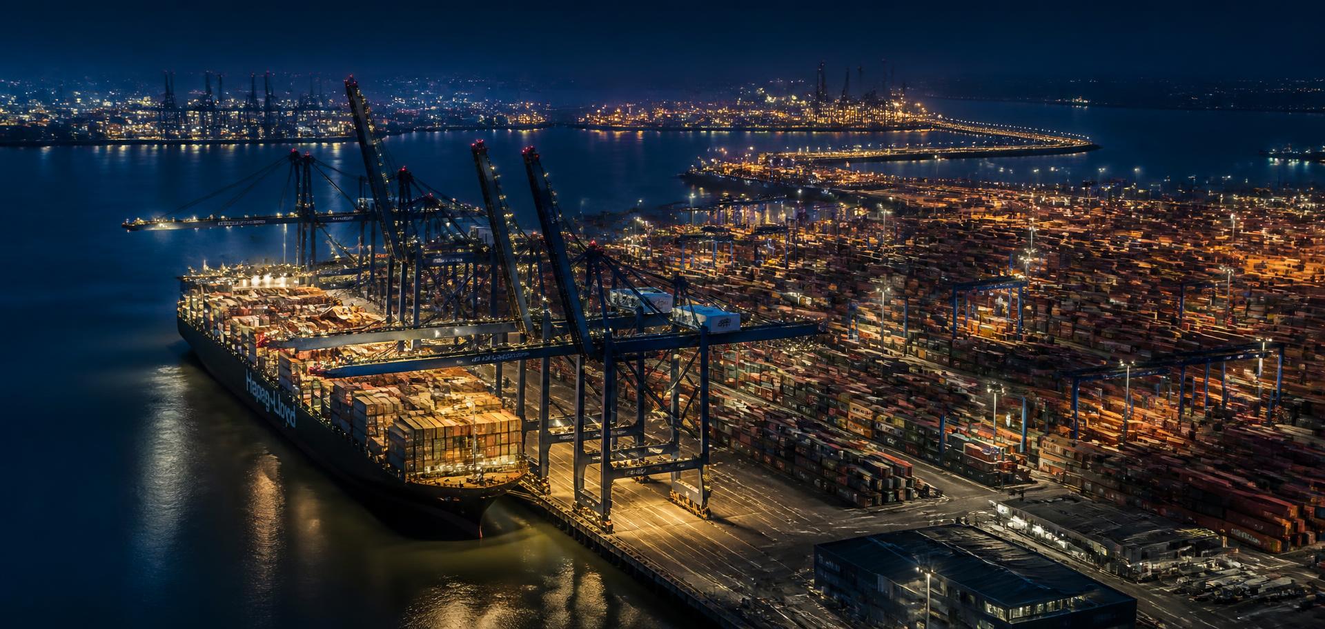 Container terminal at night with gantry cranes